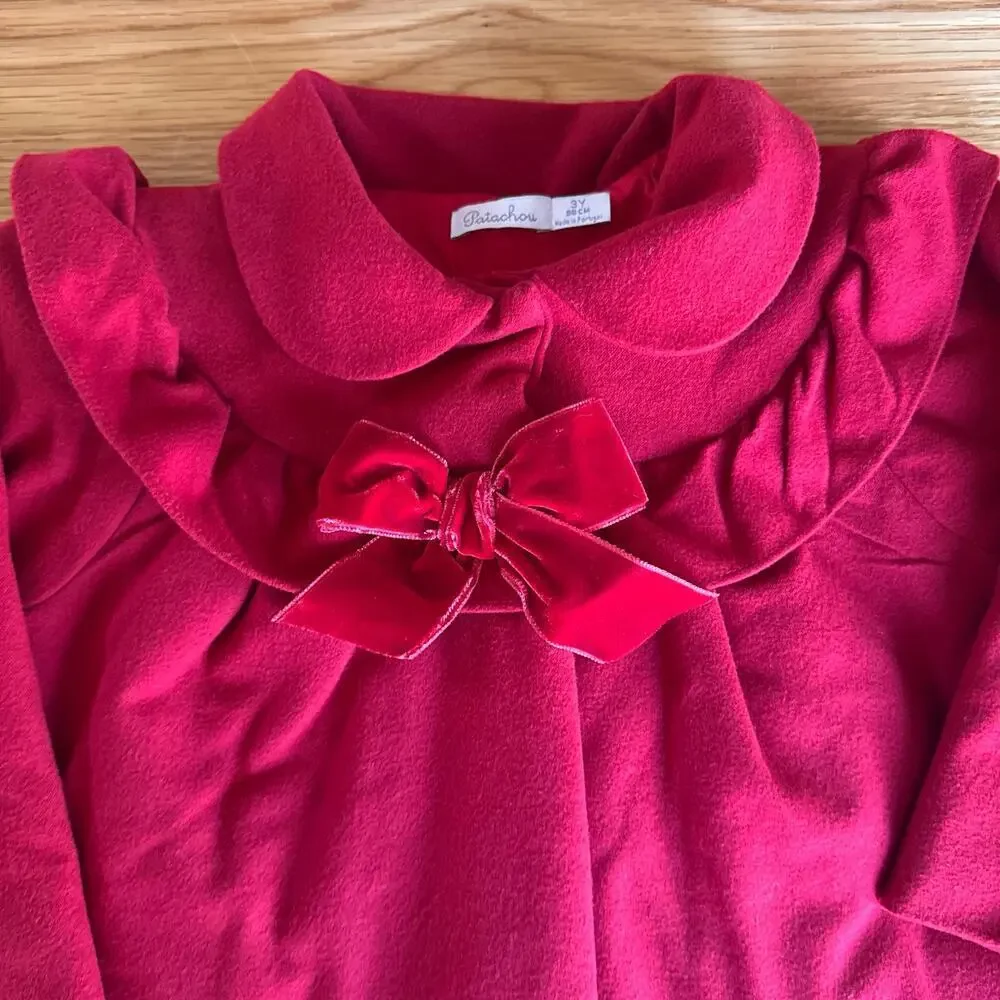 Patachou Girls Red Ruffle Collar Bow Detail Dress Coat Size 3Y